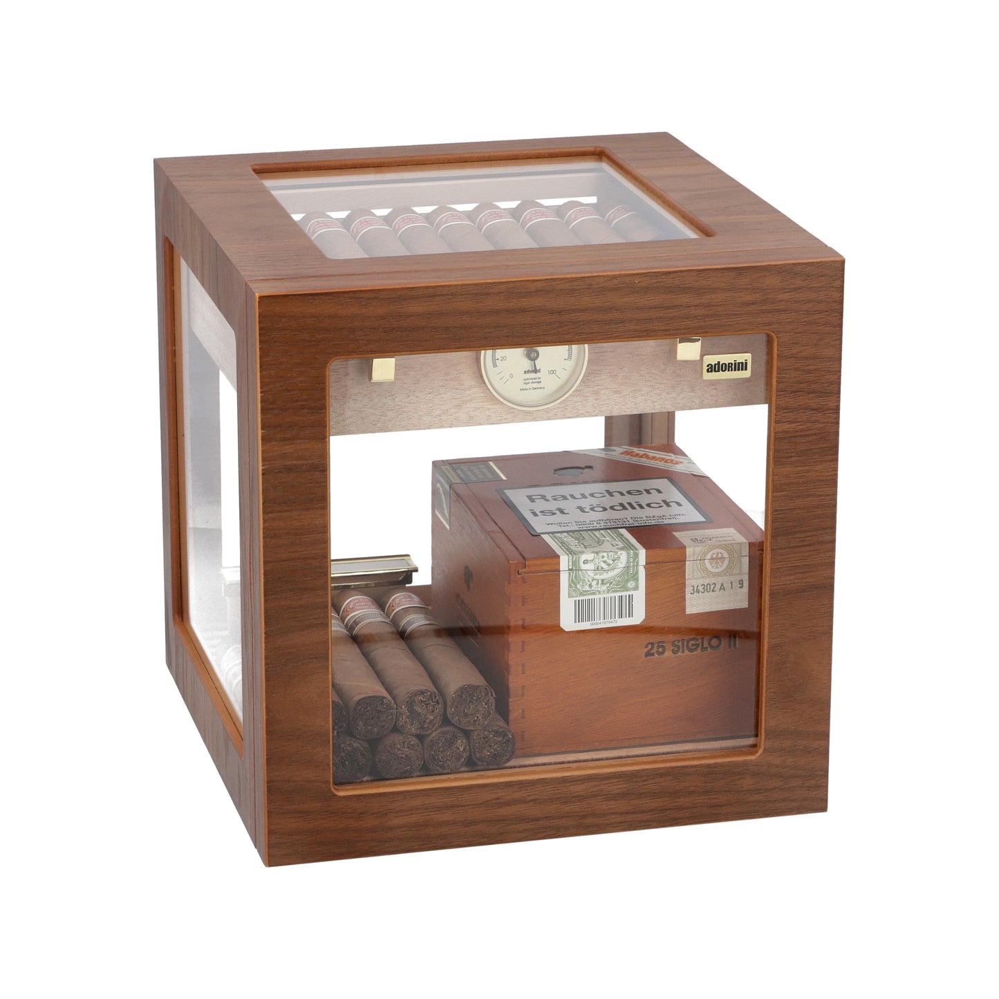 Wooden humidor with glass front displaying cigars and a box on a white background