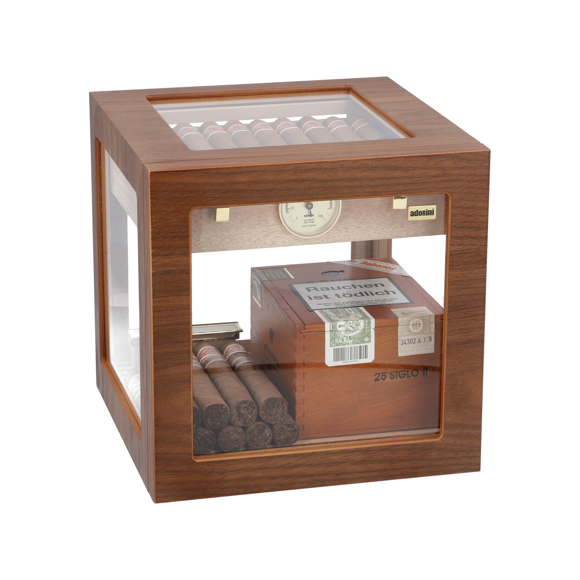 Wooden humidor with glass front displaying cigars and a box on a white background