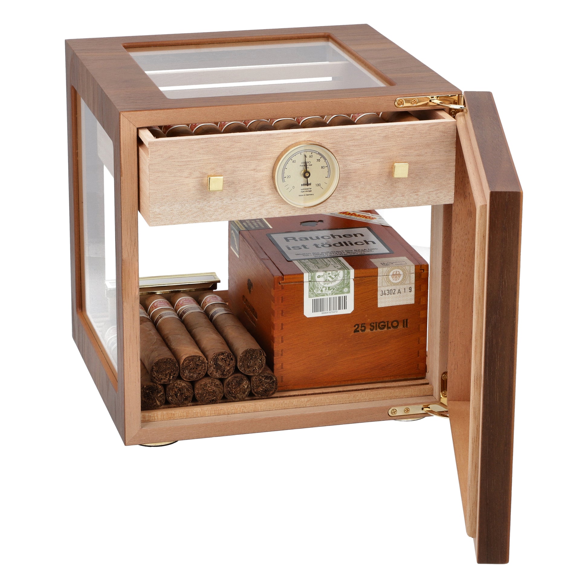 Wooden humidor with glass top and drawer, containing cigars and a box of cigarettes.