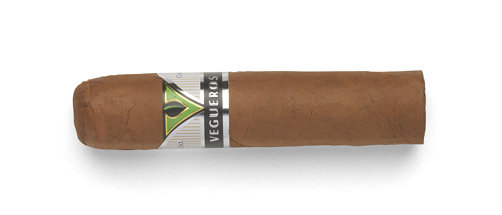 A single brown cigar with a silver and green Vegueros band, shown horizontally against a plain white background.