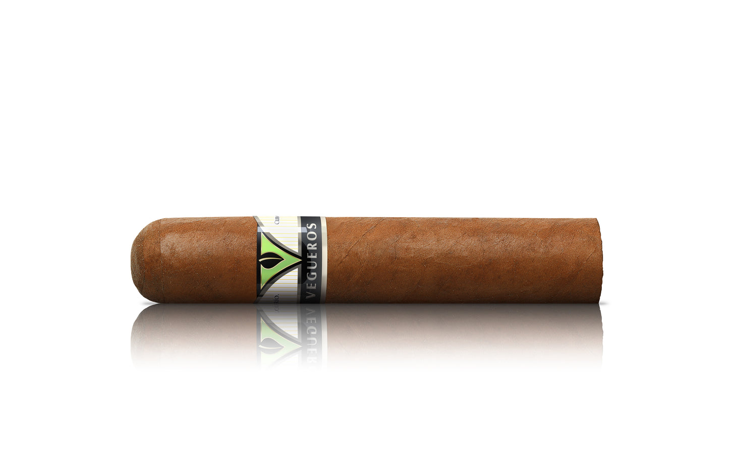 A single brown cigar with a white, black, and green band reading 'VEGUEROS', shown horizontally against a plain white background with a soft reflection below.