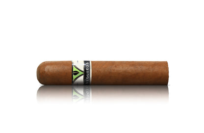 A single brown cigar with a white, black, and green band reading 'VEGUEROS', shown horizontally against a plain white background with a soft reflection below.