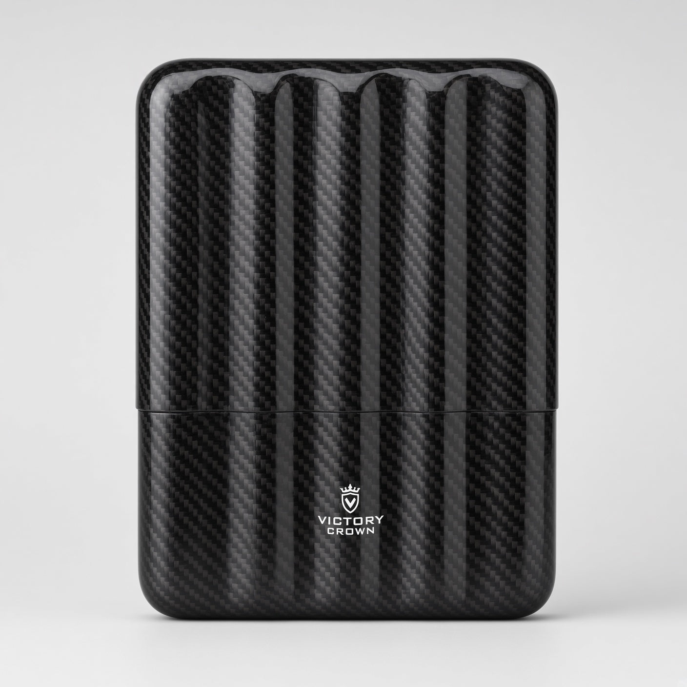 A black carbon fiber patterned vape case with a white 'VICTORY CROWN' logo on the lower front, set against a clean light gray background.