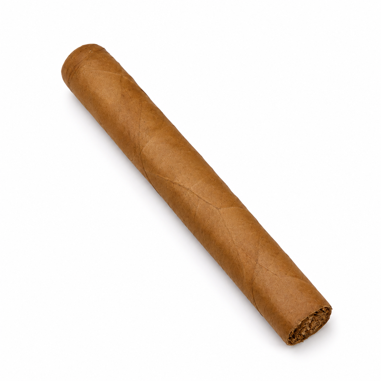 A single brown cigar with a textured paper wrapper, positioned diagonally on a clean white background.