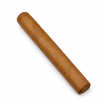 A single brown cigar with a textured paper wrapper, positioned diagonally on a clean white background.