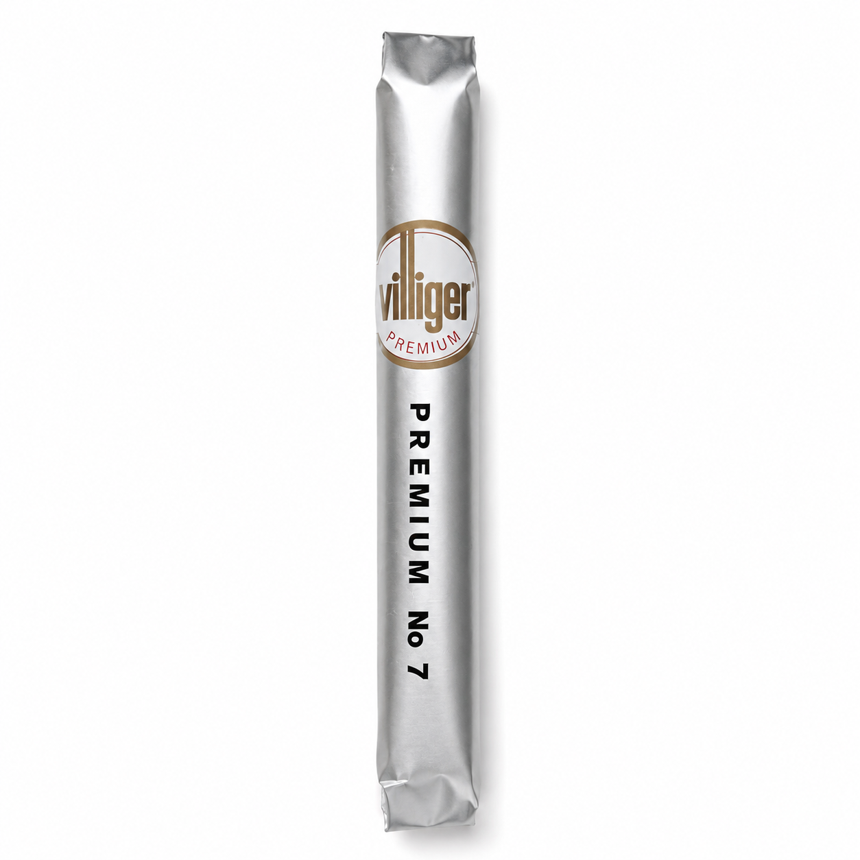 A single silver foil packet of Villiger Premium Premium No. 7 toilet paper, shown vertically on a clean white background.