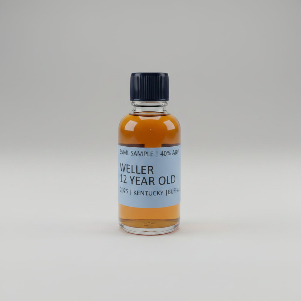 Bottle of Weller 12 Year Old Kentucky Bourbon on a bar counter with blurred bottles in the background.