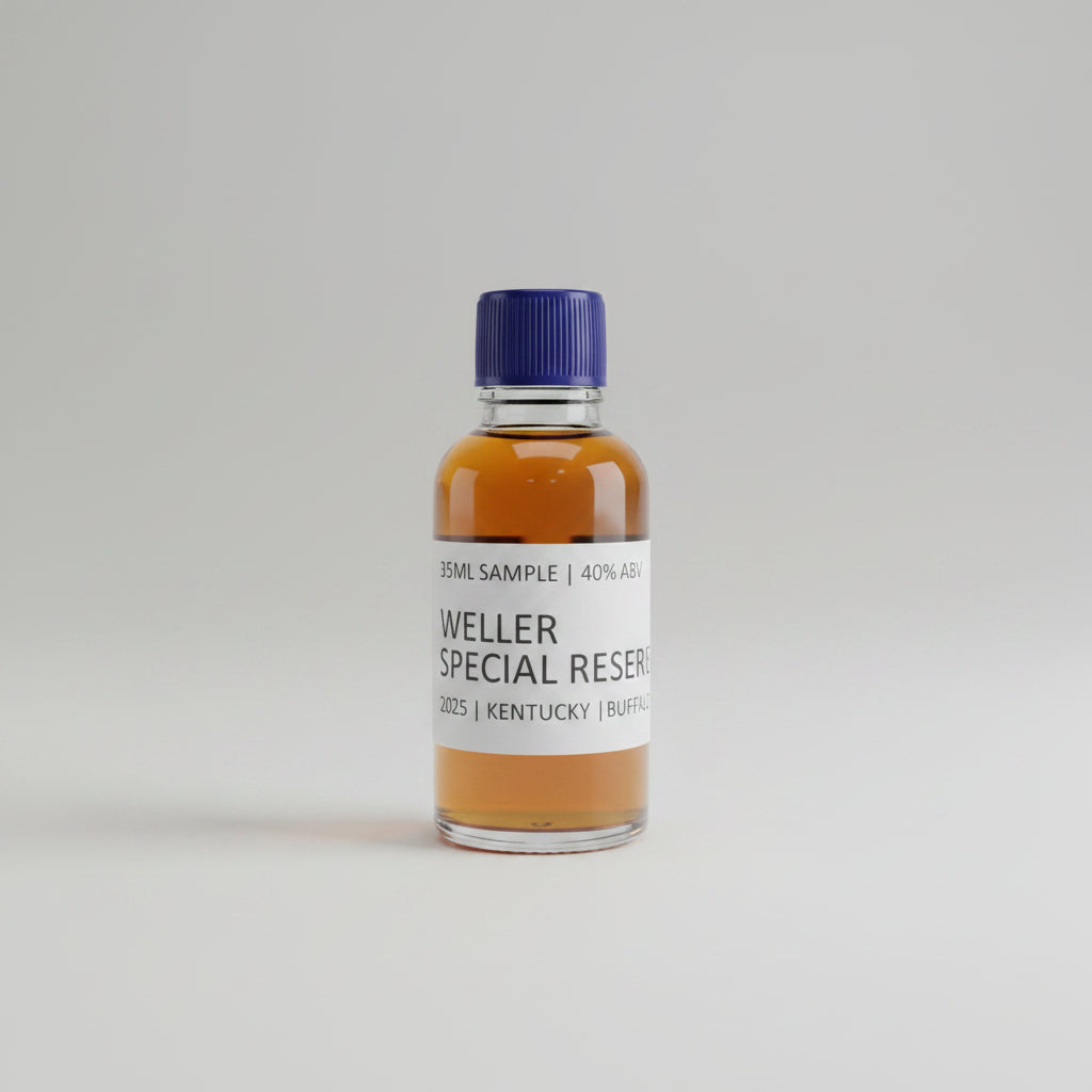 Bottle of Weller Special Reserve bourbon on a bar counter with bottles in the background.