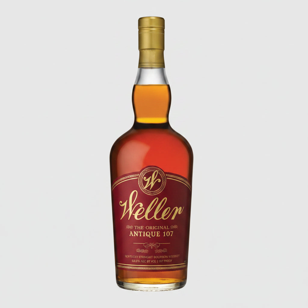 Bottle of Weller whiskey with a red label on a white background