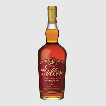 Bottle of Weller whiskey with a red label on a white background