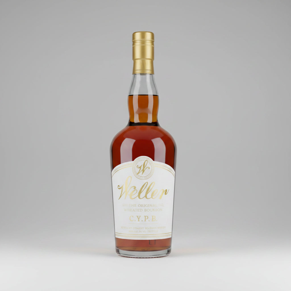 Bottle of Weller CYPB WHISKEY with a gold cap and white label.