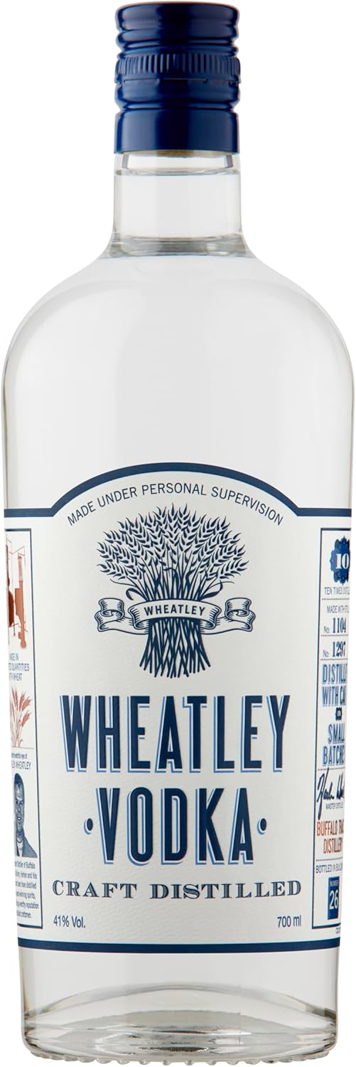 Wheatley Vodka bottle with blue cap and label on a white background