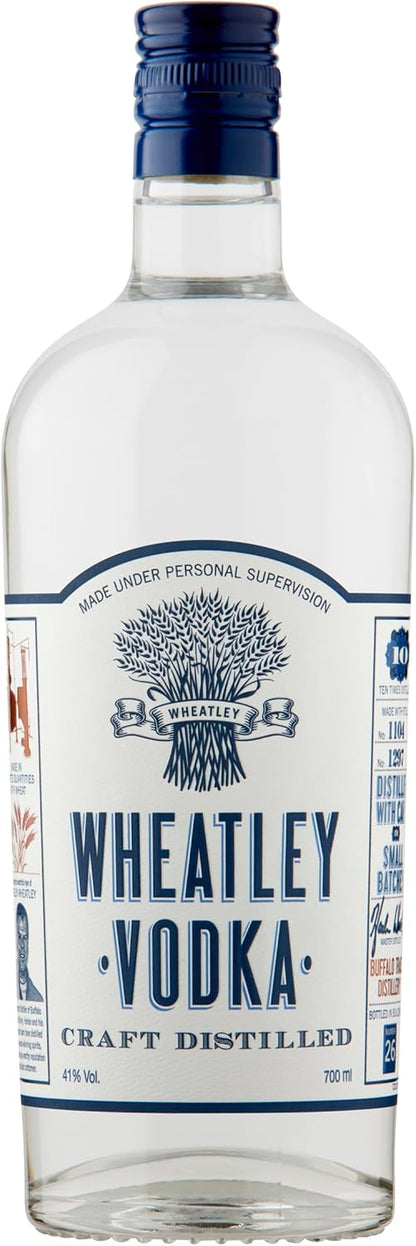 Wheatley Vodka bottle with blue cap and label on a white background