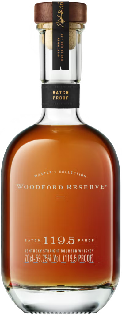Woodford Reserve bourbon whiskey bottle with wooden cap on a white background