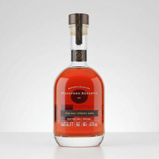 Woodford Reserve whiskey bottle on a white background
