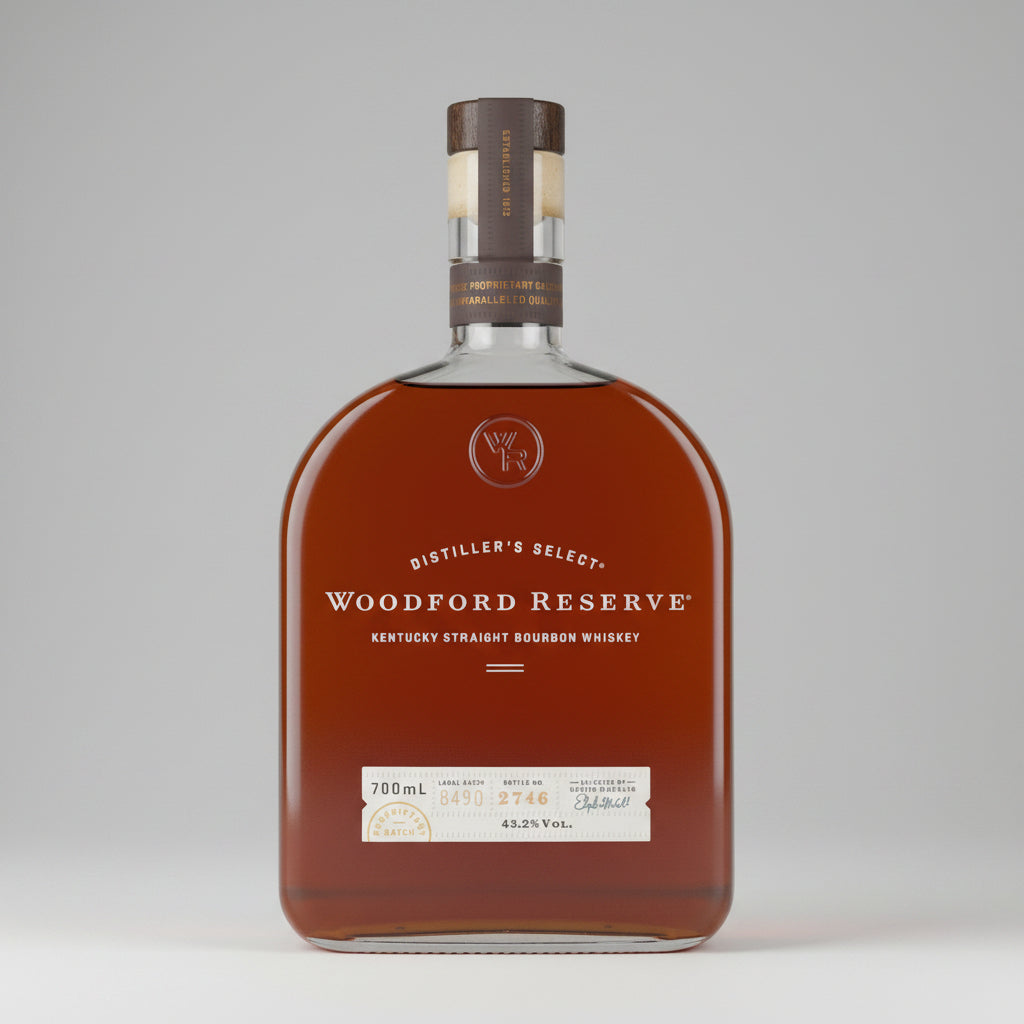 Woodford Reserve bourbon whiskey bottle on a white background