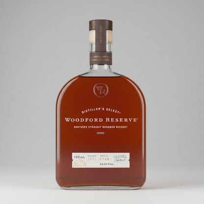 Woodford Reserve bourbon whiskey bottle on a white background