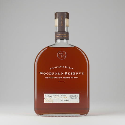 Woodford Reserve bourbon whiskey bottle on a white background