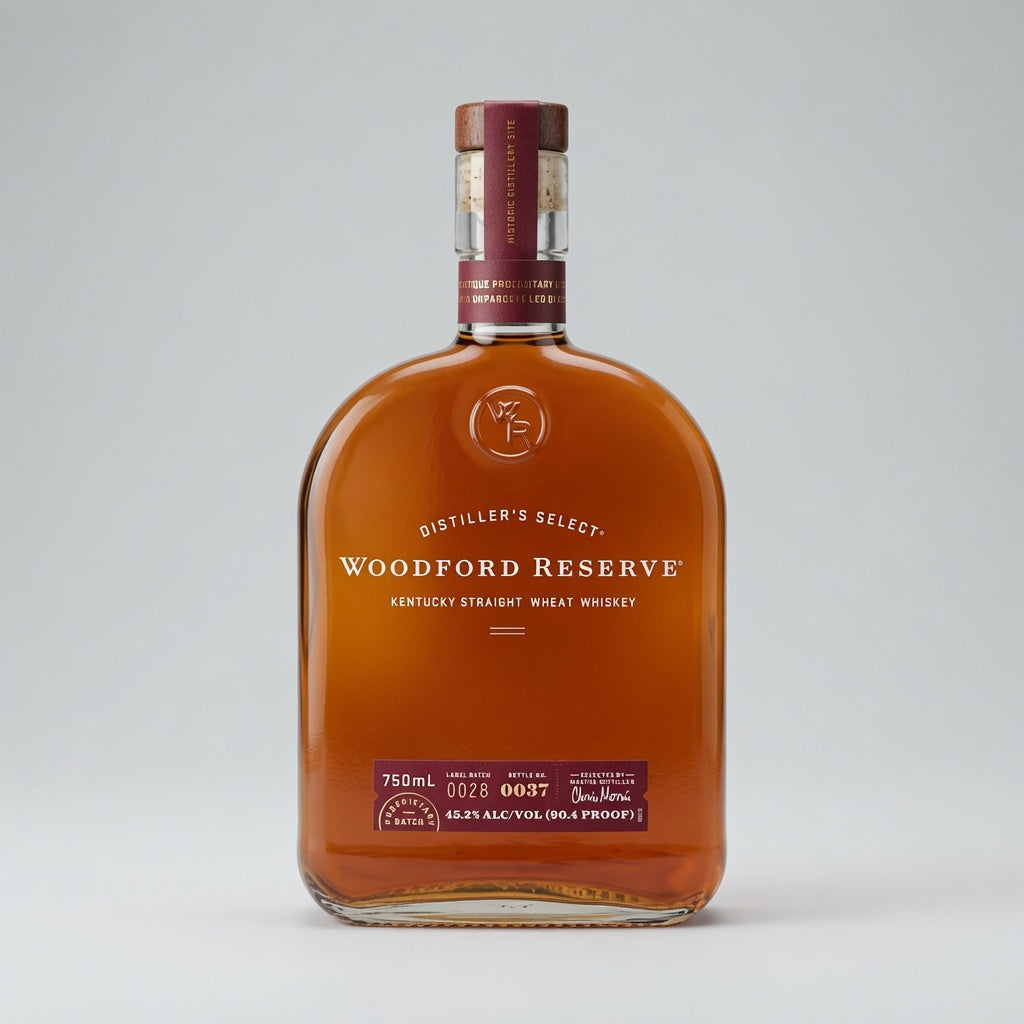 A bottle of Woodford Reserve Distiller's Select Kentucky Straight Wheat Whiskey, 750ml, shown against a neutral light gray background. The bottle is filled with amber-colored whiskey and features a dark burgundy label and matching cap.