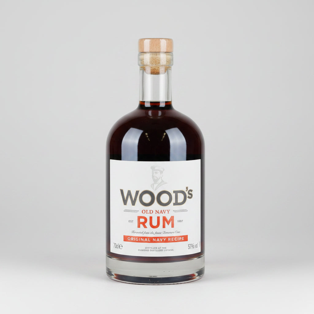 Bottle of Wood's Old Navy Rum on a white background