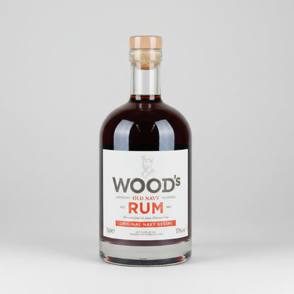 Bottle of Wood's Old Navy Rum on a white background