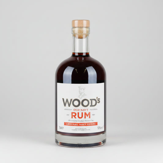 Bottle of Wood's Old Navy Rum on a white background