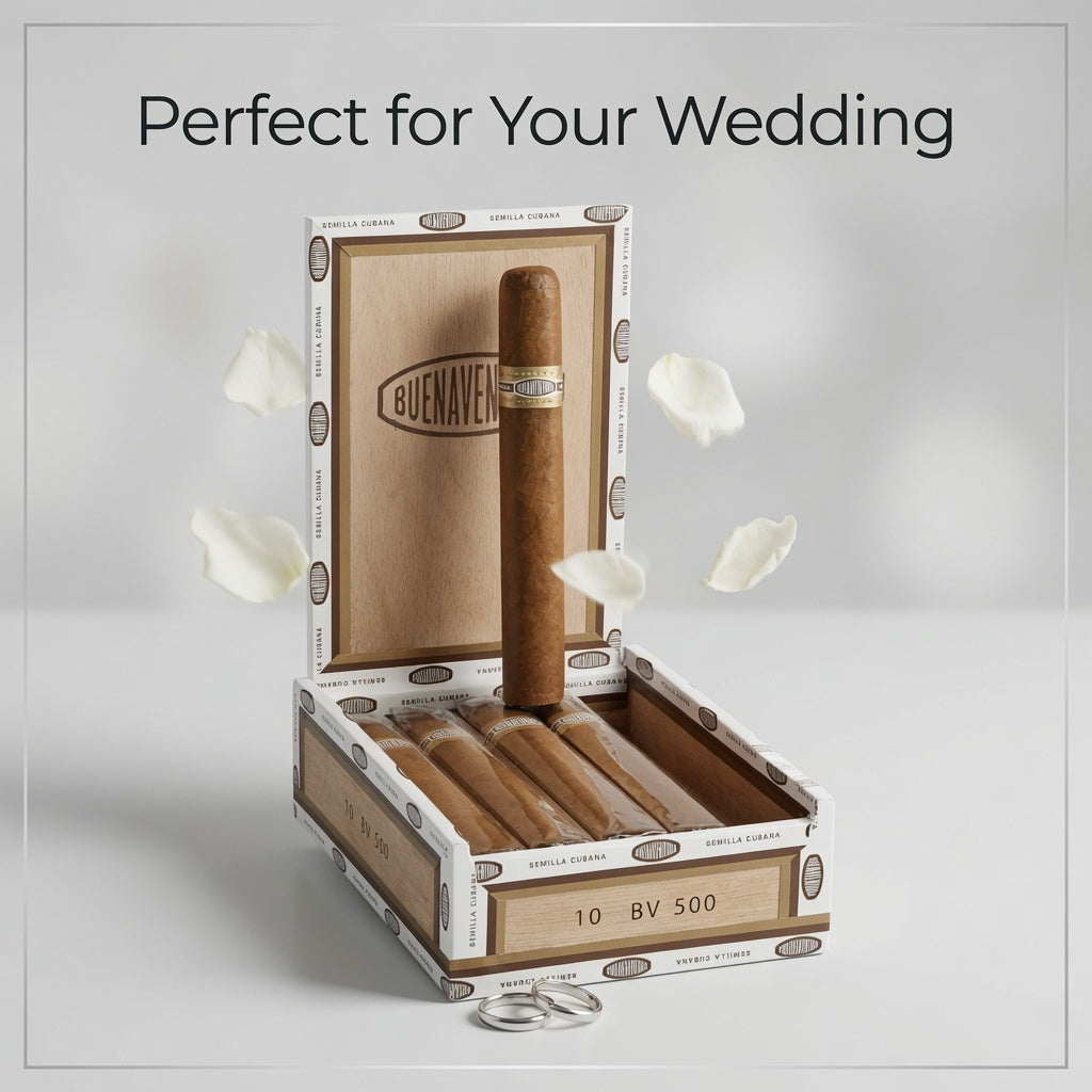 An open premium cigar box displaying a single upright cigar and several cigars inside, with floating white flower petals and the text 'Perfect for Your Wedding' above on a light gray background.