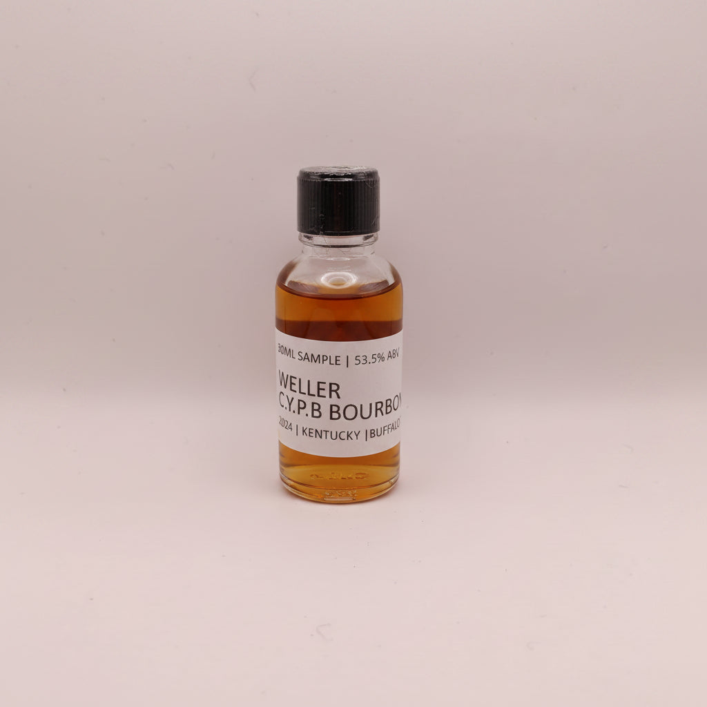 Small bottle of Weller C.Y.P.B. Bourbon with a black cap on a light gray background