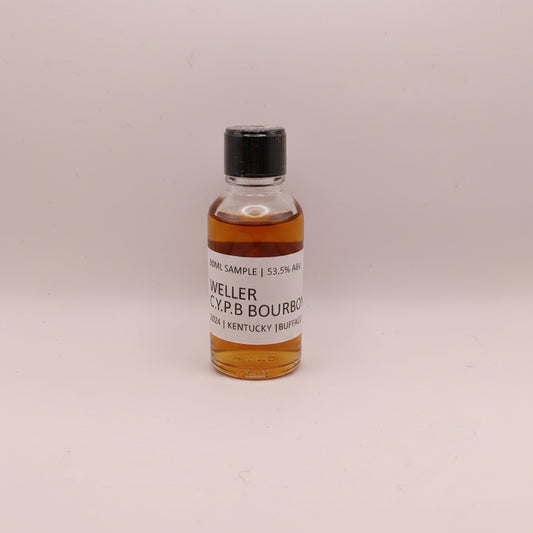 Small bottle of Weller C.Y.P.B. Bourbon with a black cap on a light gray background