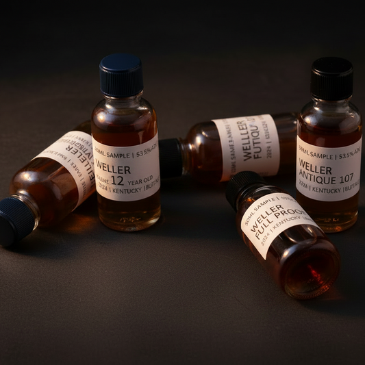 Five W.L. Weller bourbon 30ml sample bottles arranged together in a premium flat lay