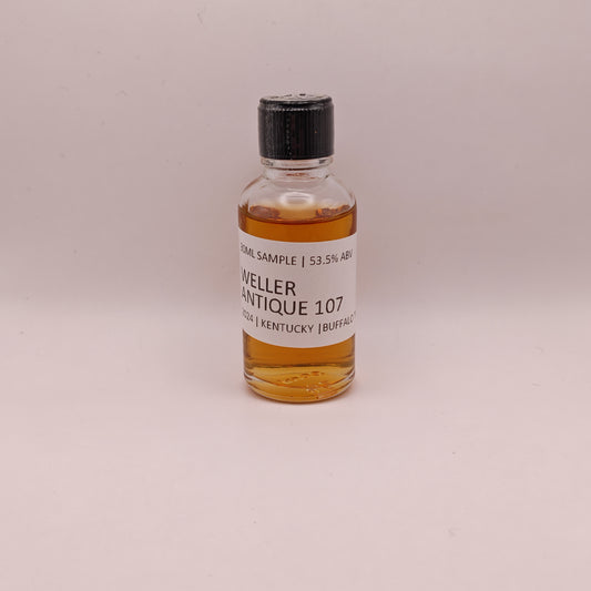 Small bottle of Weller Antique 107 whiskey sample on a light gray background