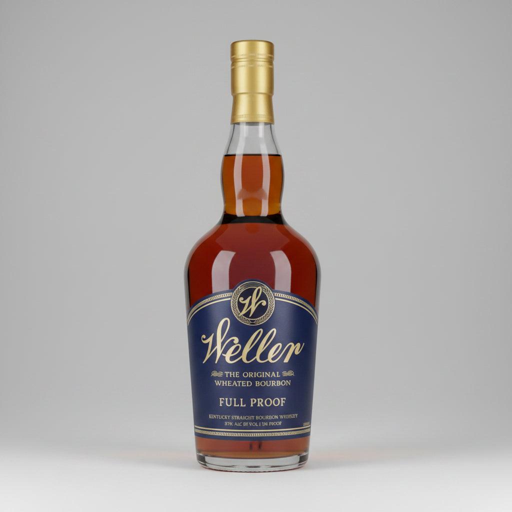 Bottle of Weller Full Proof bourbon whiskey on a white background