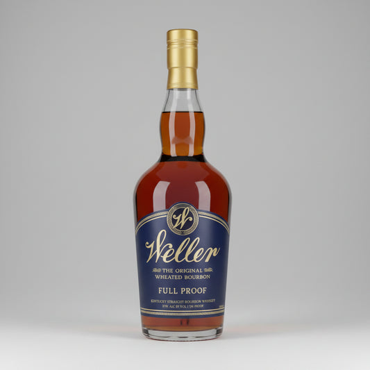 Bottle of Weller Full Proof bourbon whiskey on a white background