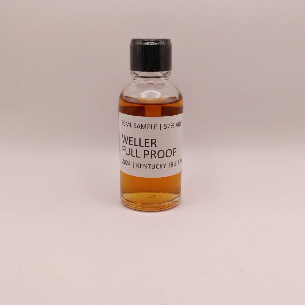 Bottle of Weller Full Proof whiskey sample on a beige background