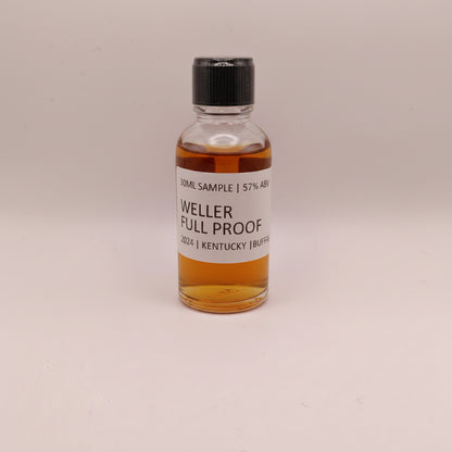 Bottle of Weller Full Proof whiskey sample on a beige background