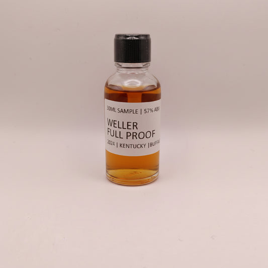 Bottle of Weller Full Proof whiskey sample on a beige background