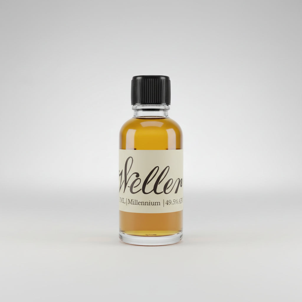 Bottle of Weller whiskey on a bar counter with a blurred background