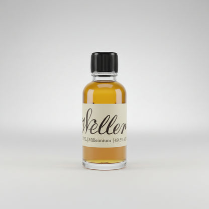 Bottle of Weller whiskey on a bar counter with a blurred background