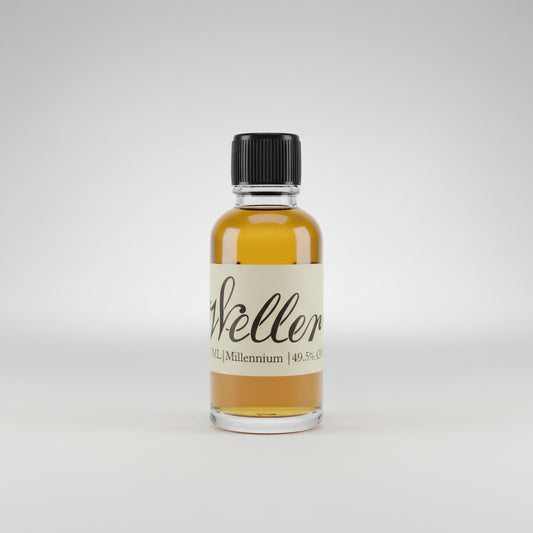 Bottle of Weller whiskey on a bar counter with a blurred background