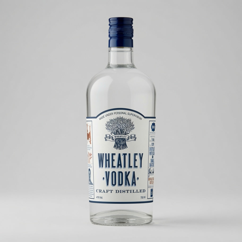 A bottle of Wheatley Vodka Craft Distilled in a clear glass bottle with a white label and dark blue cap, set against a neutral light gray background.