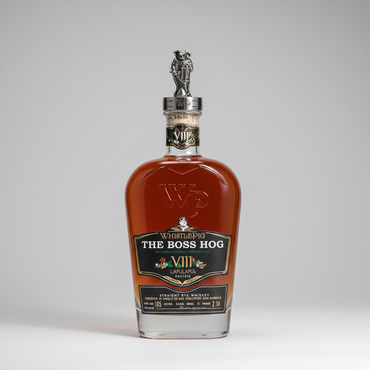 Bottle of 'The Boss Hog VIII' whiskey on a black background
