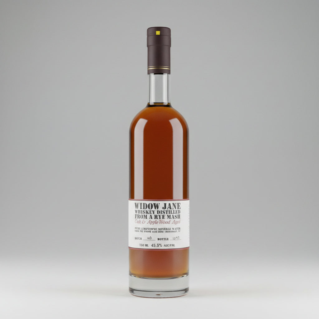 A bottle of Widow Jane oak and apple wood, white background