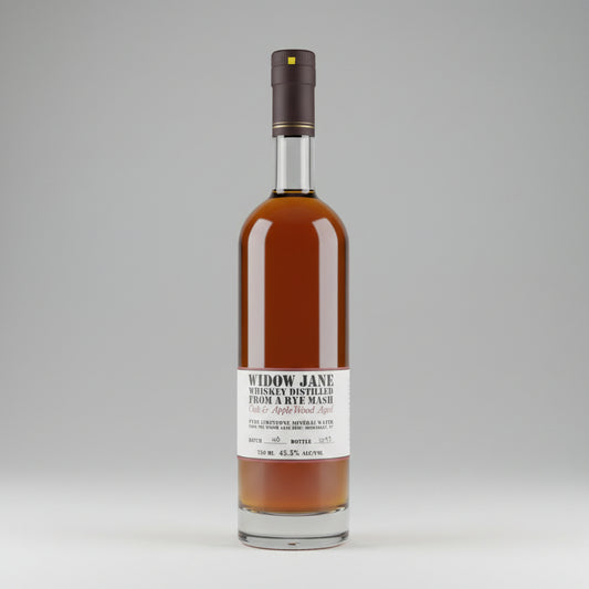 A bottle of Widow Jane oak and apple wood, white background