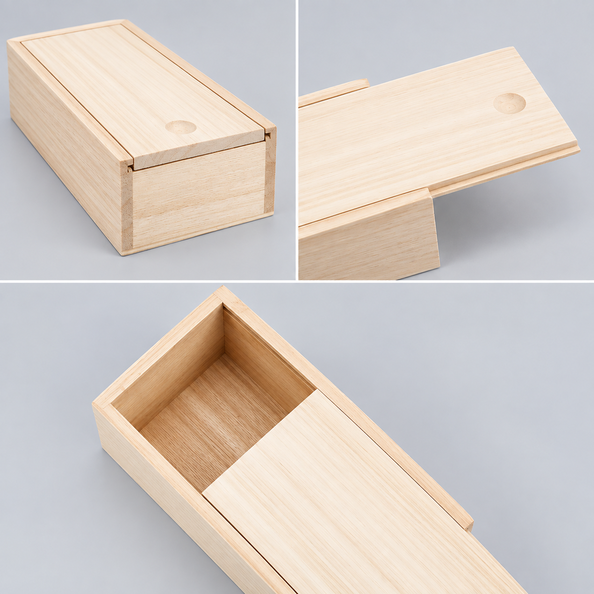 Three-panel close-up of a light natural wood rectangular box with a sliding lid, shown on a plain light gray background. The top-left view shows the closed box, the top-right shows the lid partially open with a circular hole detail, and the bottom view shows the open interior with the sliding panel.