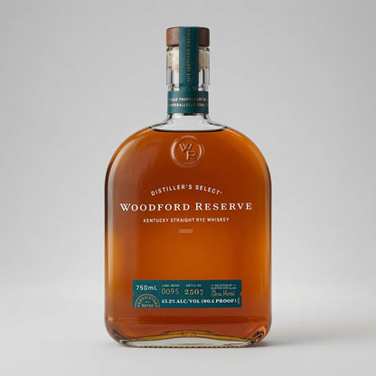 Woodford Reserve Distiller's Select Kentucky Straight Rye Whiskey in a 750ml clear glass bottle, showing the amber-brown liquid inside, with a dark teal label and a brown wooden stopper on a light gray background.
