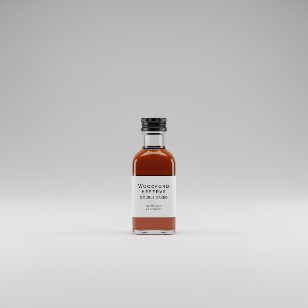 Bottle of Woodford Reserve Double Oaked bourbon on a reflective surface with a bar setting in the background.