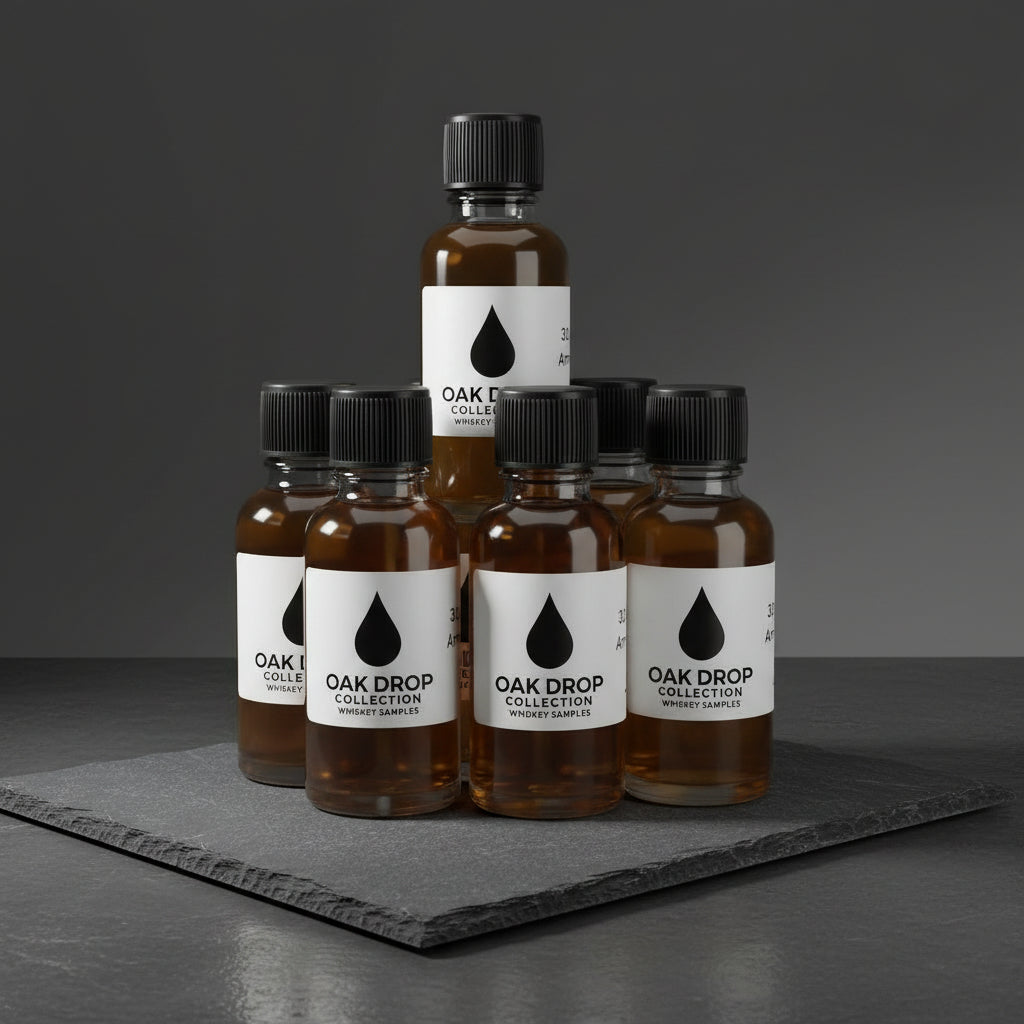 Bottles of Oak Drop Collection whiskey samples on a gray background