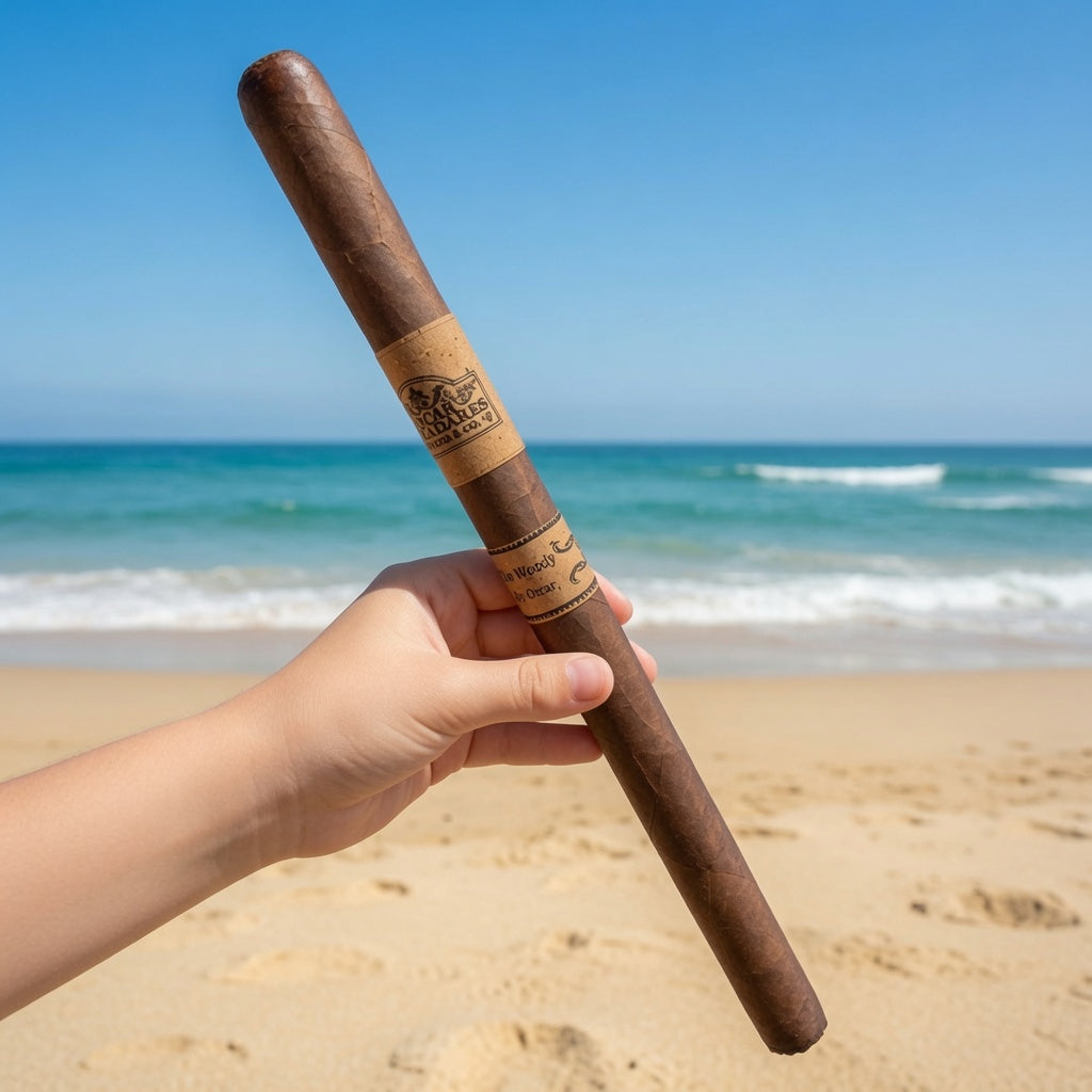 A hand holding a long brown cigar with a tan paper band, set against a blurred beach background with sand and the ocean under a blue sky.