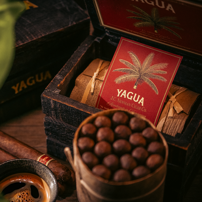A Yagua cigar box and cigars styled on a wooden surface with a glass of coffee and green leaves. The open dark wood box reveals red Yagua cards with a palm tree logo and wrapped cigars inside, with a basket of round cigars in the foreground.