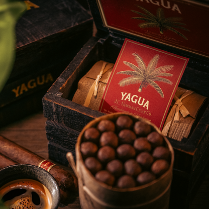 A Yagua cigar box and cigars styled on a wooden surface with a glass of coffee and green leaves. The open dark wood box reveals red Yagua cards with a palm tree logo and wrapped cigars inside, with a basket of round cigars in the foreground.